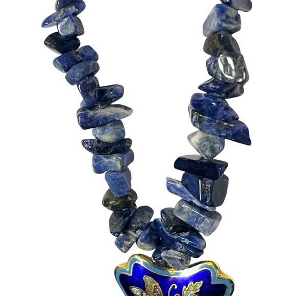 Vintage 70s Lapis Lazuli Necklace w/ Cloisonne Butterfly Pendant 15” Hand-Beaded - Picture 5 of 11